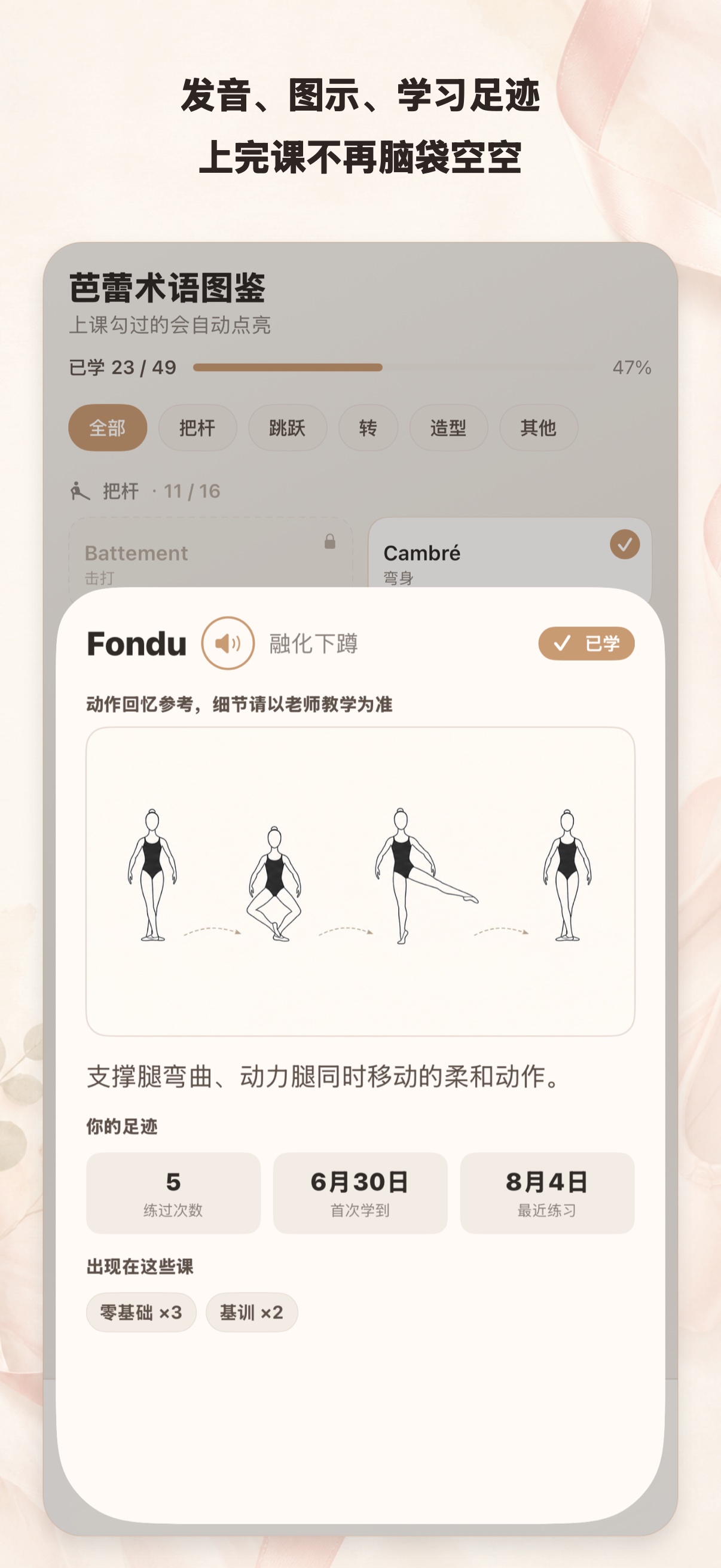 芭蕾术语详情，包含发音、动作参考图与个人学习足迹